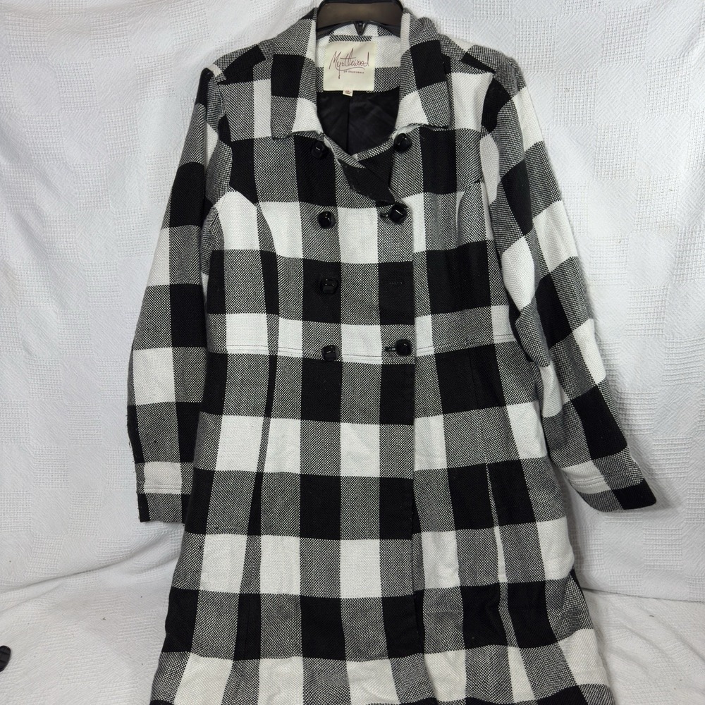 ModCloth Myrtlewood Women's Buffalo Check Black White Long‎ Trench Coat Size XL